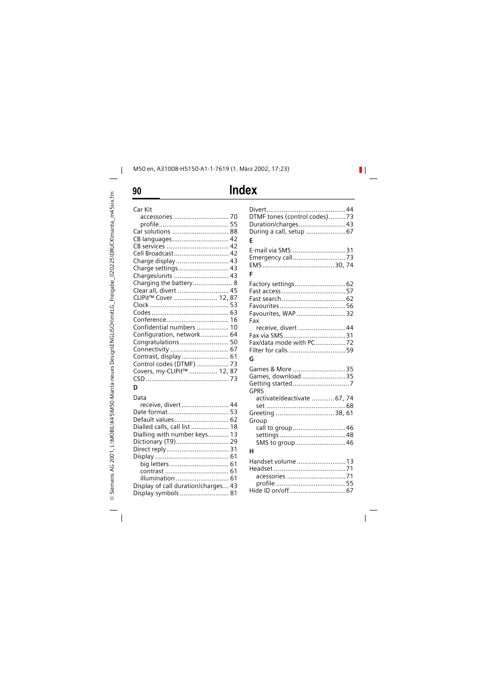 Index | Siemens M50 User Manual | Page 92 / 96