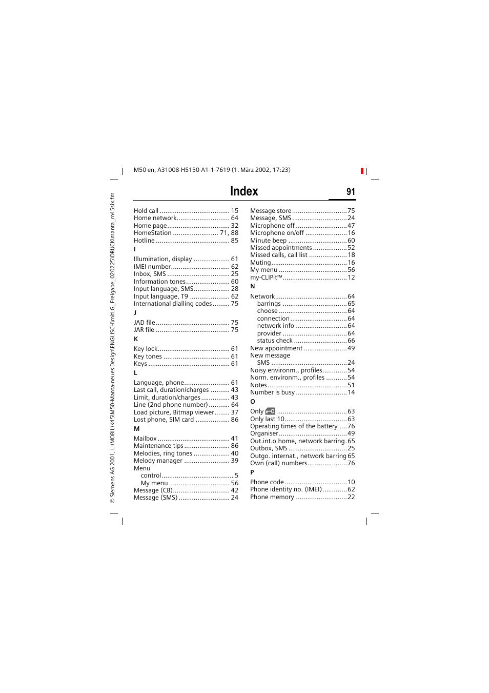 Index | Siemens M50 User Manual | Page 93 / 96