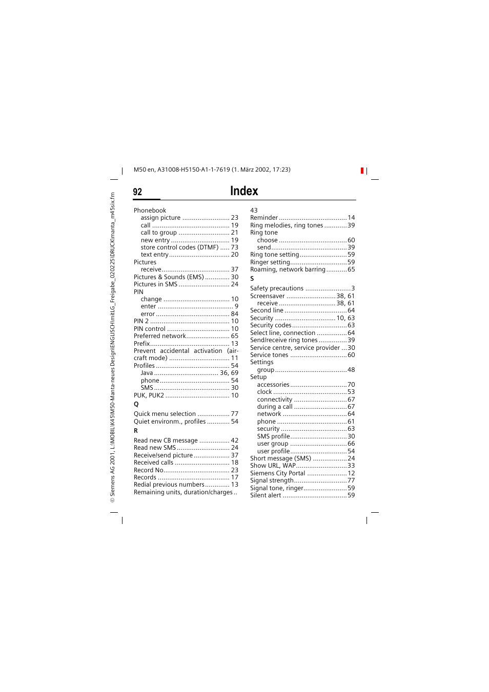 Index | Siemens M50 User Manual | Page 94 / 96