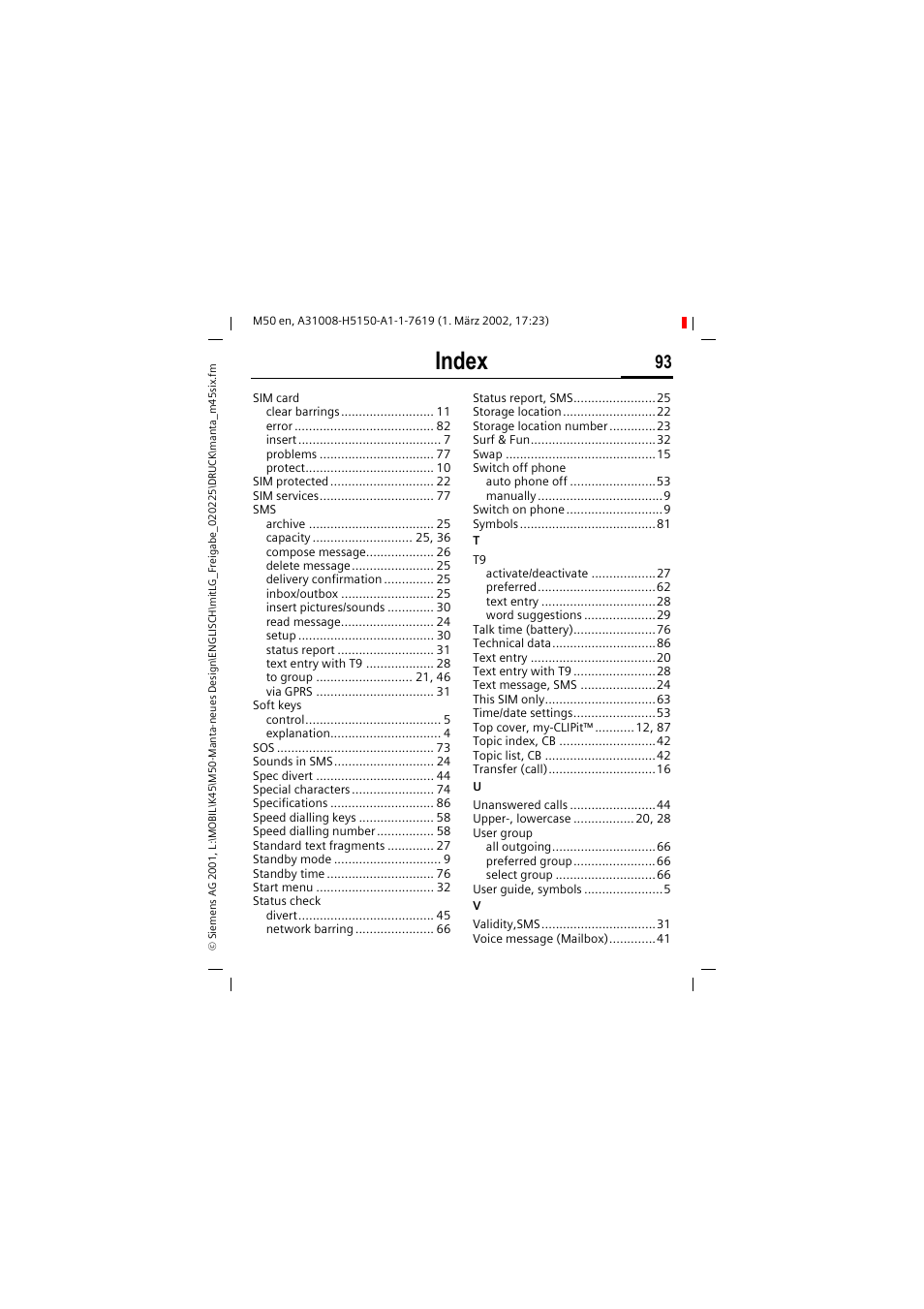 Index | Siemens M50 User Manual | Page 95 / 96