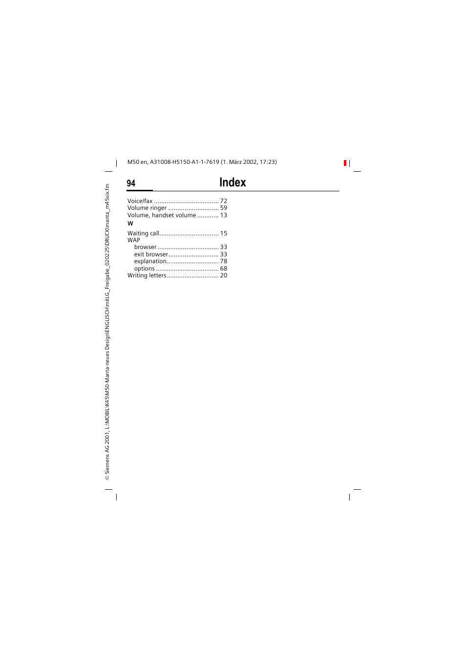 Index | Siemens M50 User Manual | Page 96 / 96