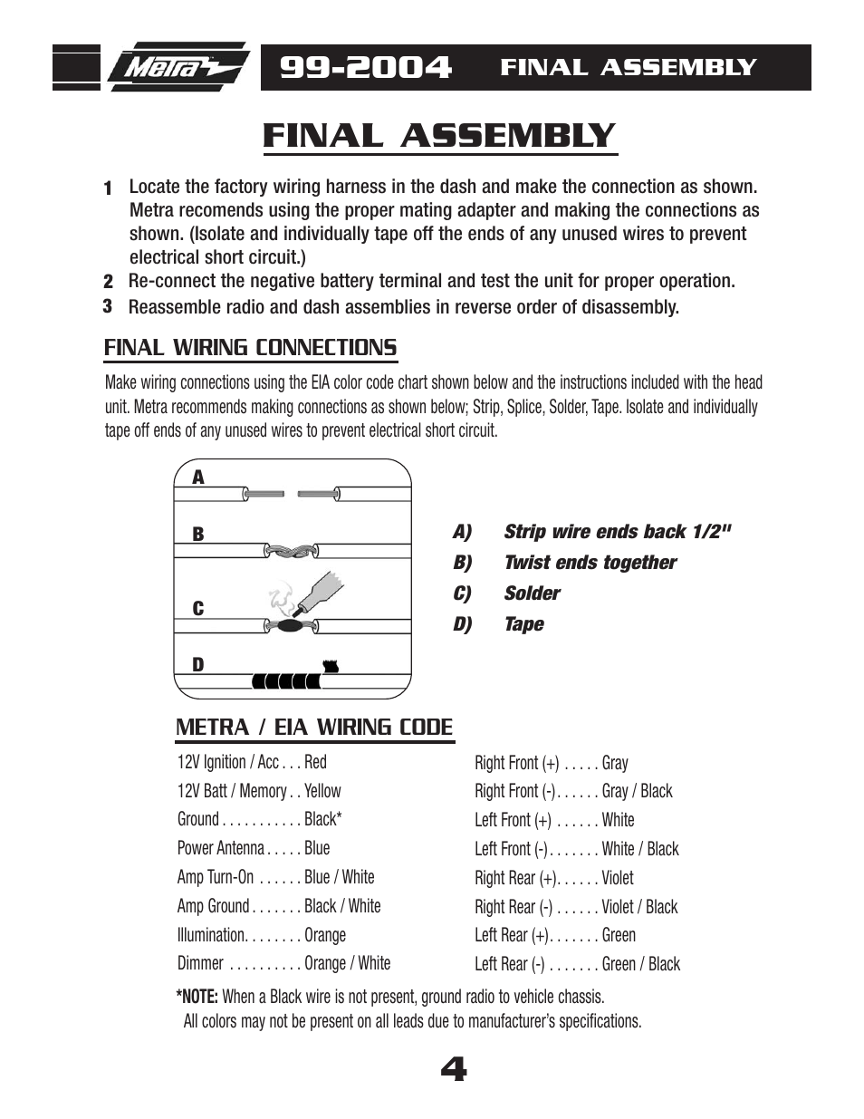 Final assembly, Metra / eia wiring code final wiring connections | Metra Electronics 99-2004 User Manual | Page 6 / 8