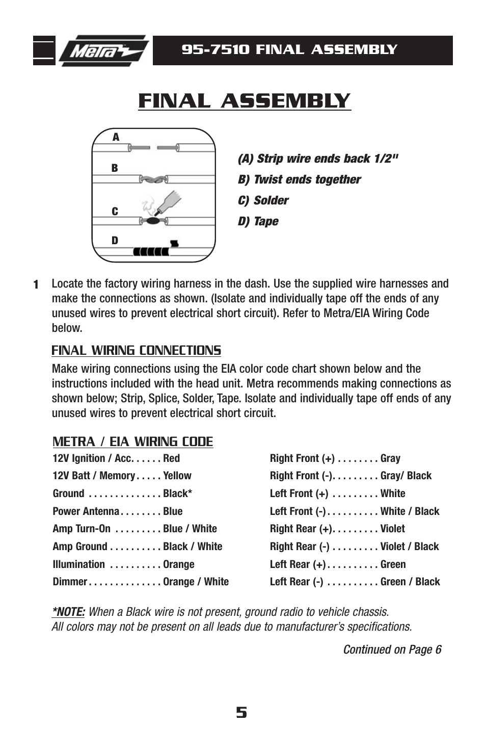 Final assembly, 7510 final assembly, Final wiring connections metra / eia wiring code | Metra Electronics 95-7510HG User Manual | Page 7 / 12