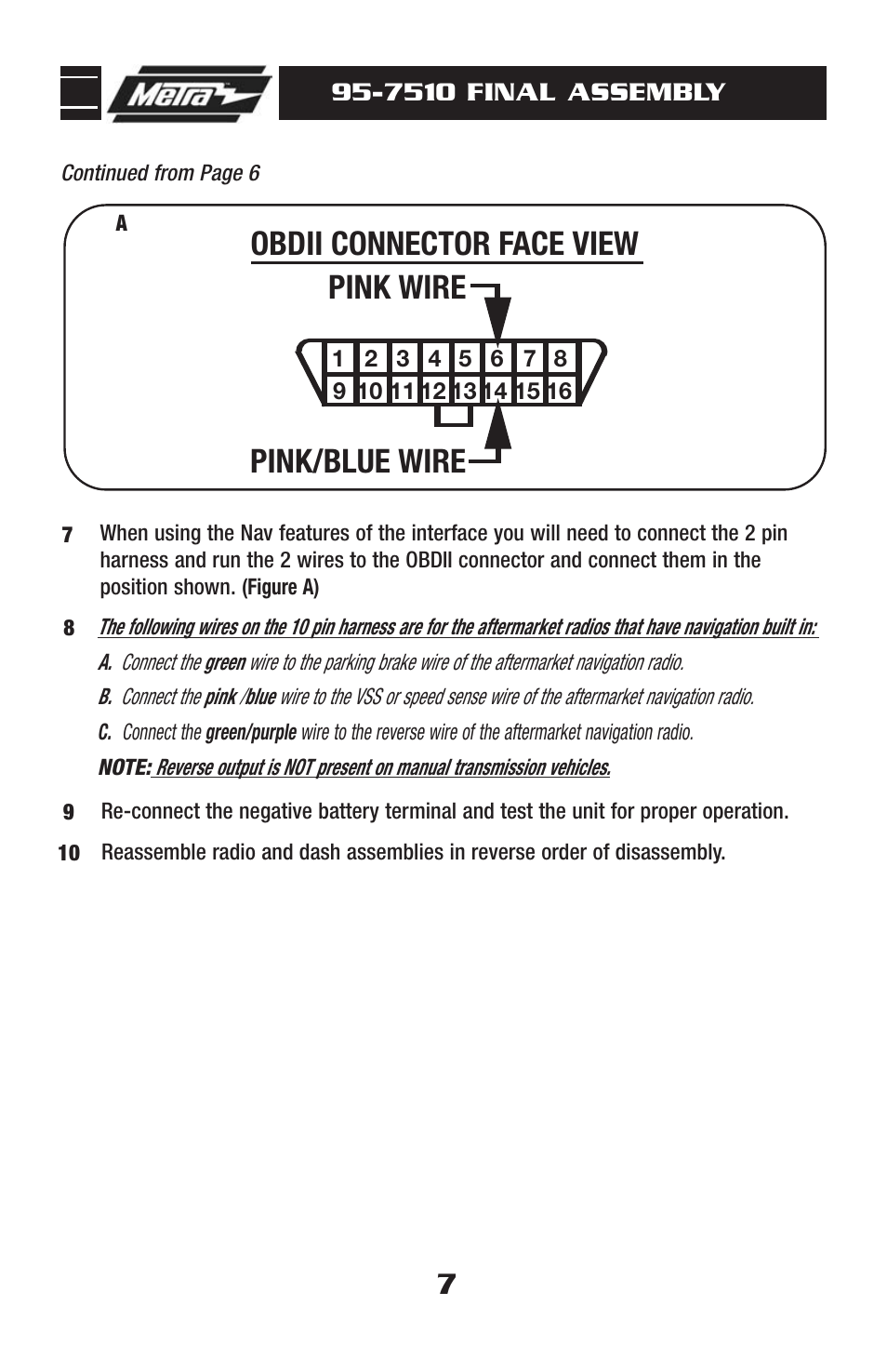 Pink wire obdii connector face view pink/blue wire | Metra Electronics 95-7510HG User Manual | Page 9 / 12