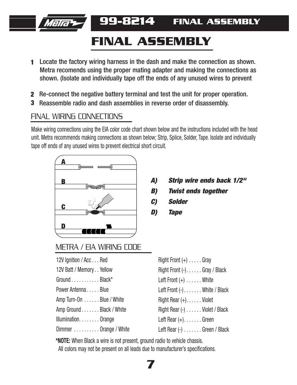 Final assembly, Metra / eia wiring code final wiring connections | Metra Electronics 99-8214TB User Manual | Page 9 / 12