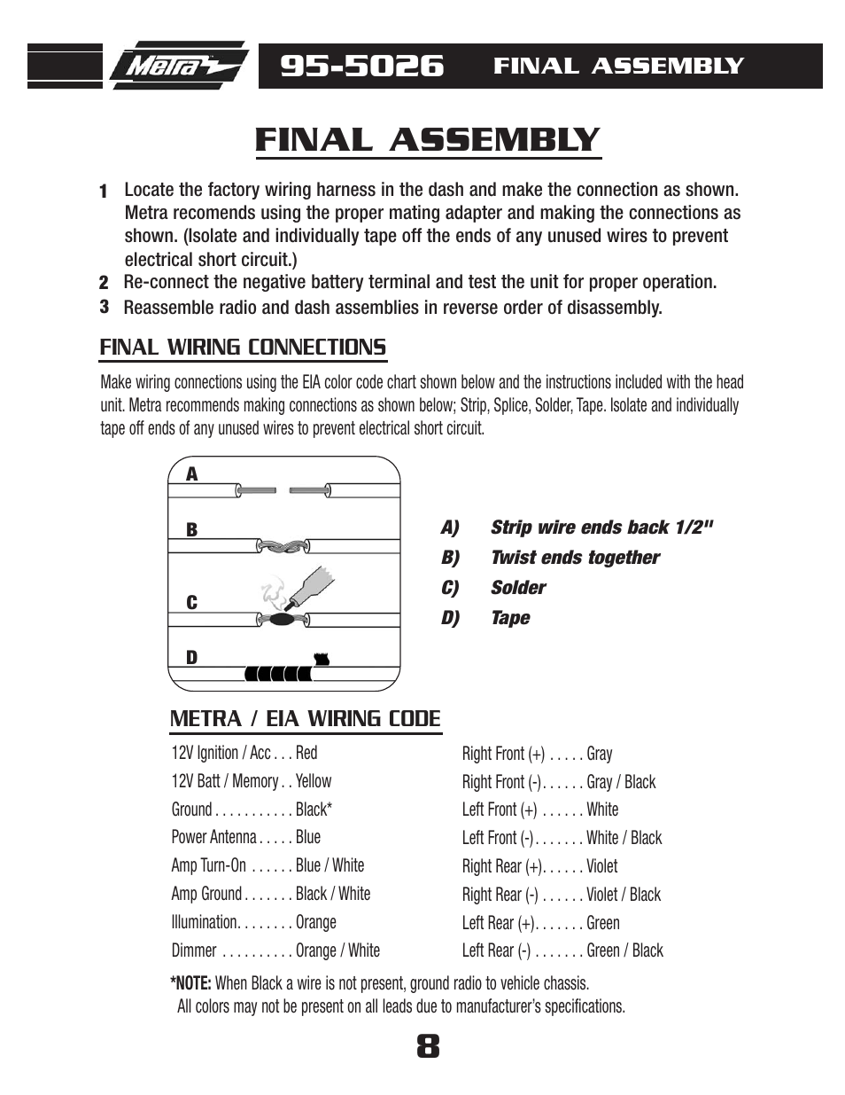 Final assembly, Metra / eia wiring code final wiring connections | Metra Electronics 95-5026 User Manual | Page 10 / 12