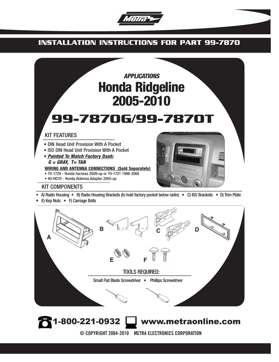 Metra Electronics HONDA RIDGELINE 99-7870G User Manual | 8 pages