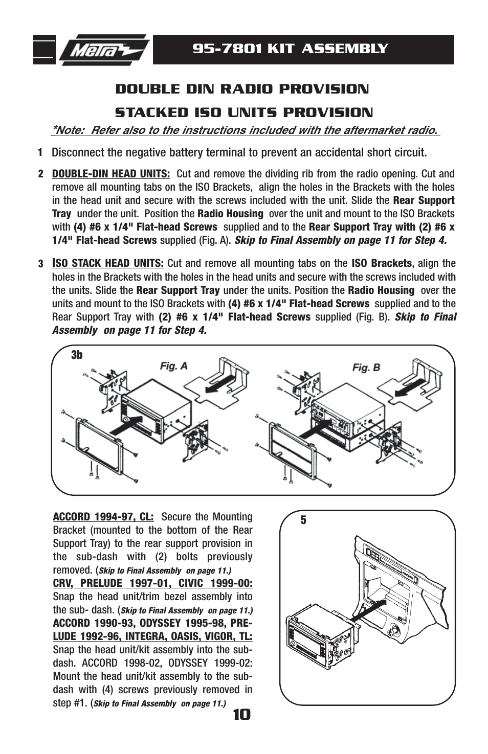 7801 kit assembly, Double din radio provision, Stacked iso units provision | Metra Electronics 95-7801 User Manual | Page 12 / 16