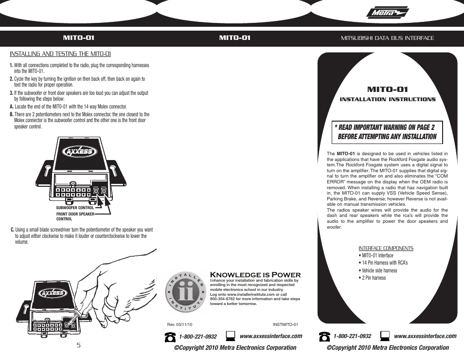 Metra Electronics MITO-01 User Manual | 2 pages