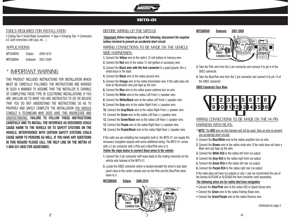 Important warning | Metra Electronics MITO-01 User Manual | Page 2 / 2