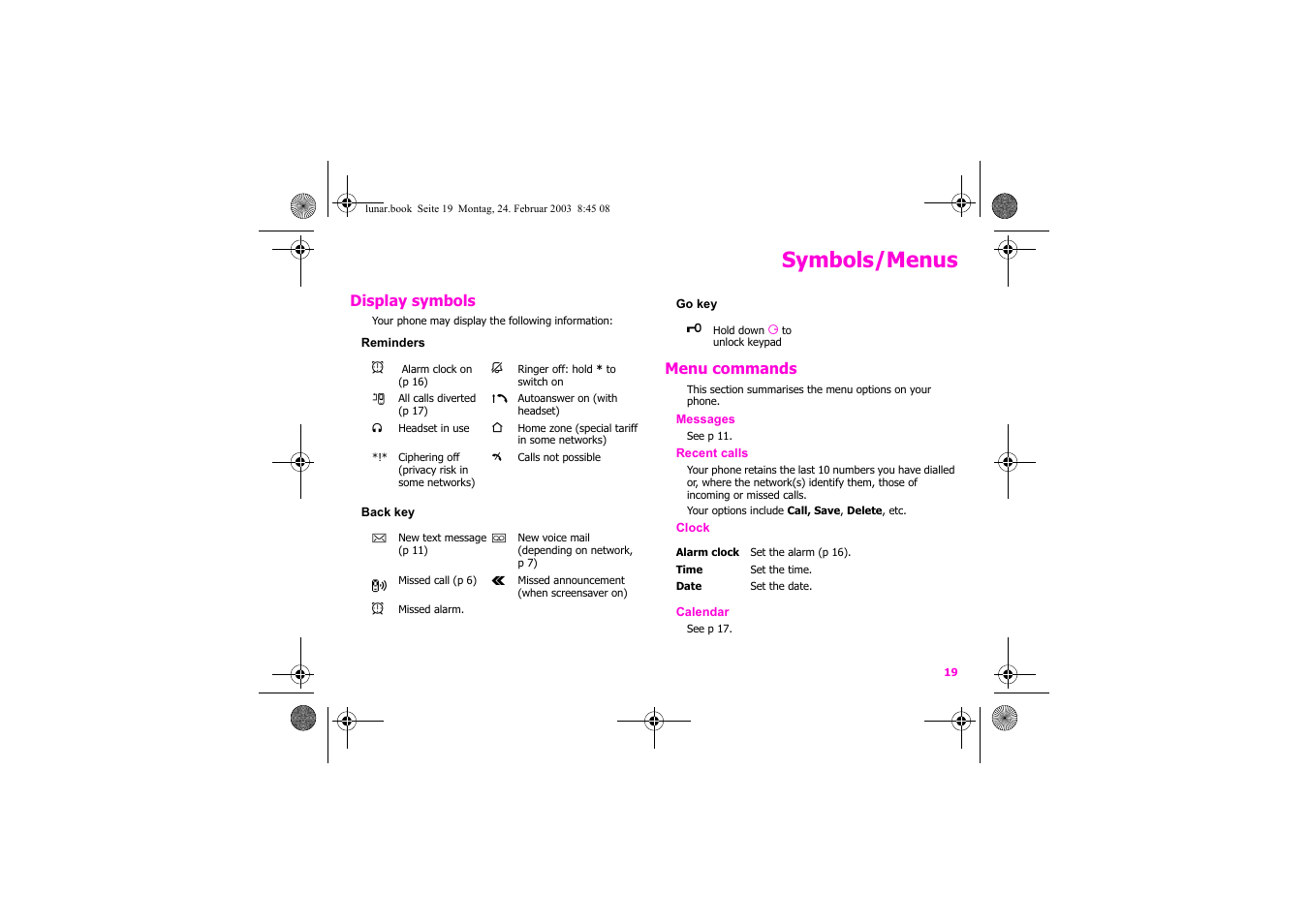 Symbols/menus | Siemens Xelibri 2 User Manual | Page 20 / 31