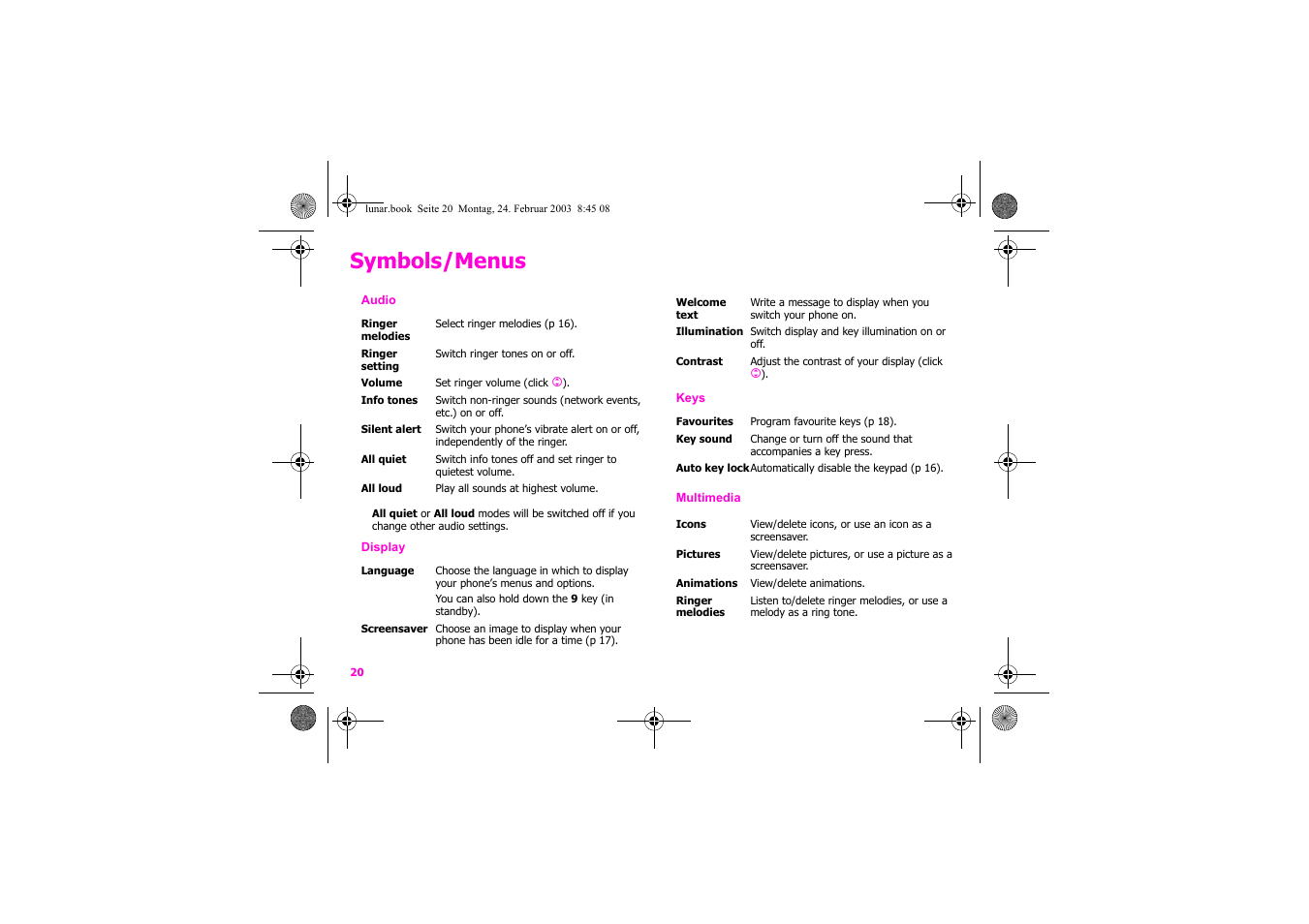 Symbols/menus | Siemens Xelibri 2 User Manual | Page 21 / 31