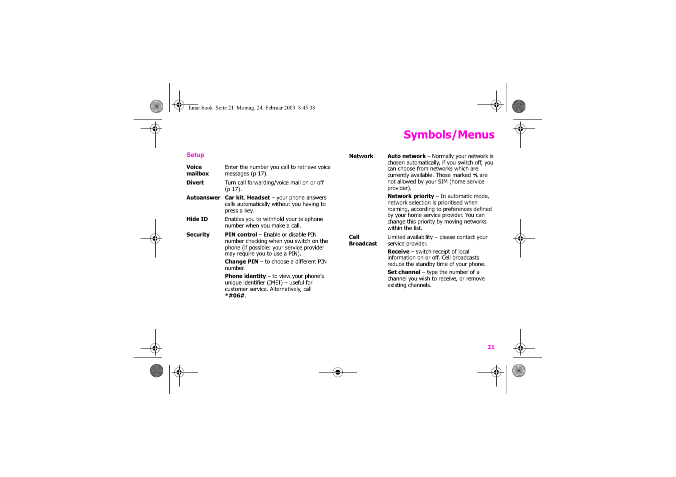 Symbols/menus | Siemens Xelibri 2 User Manual | Page 22 / 31