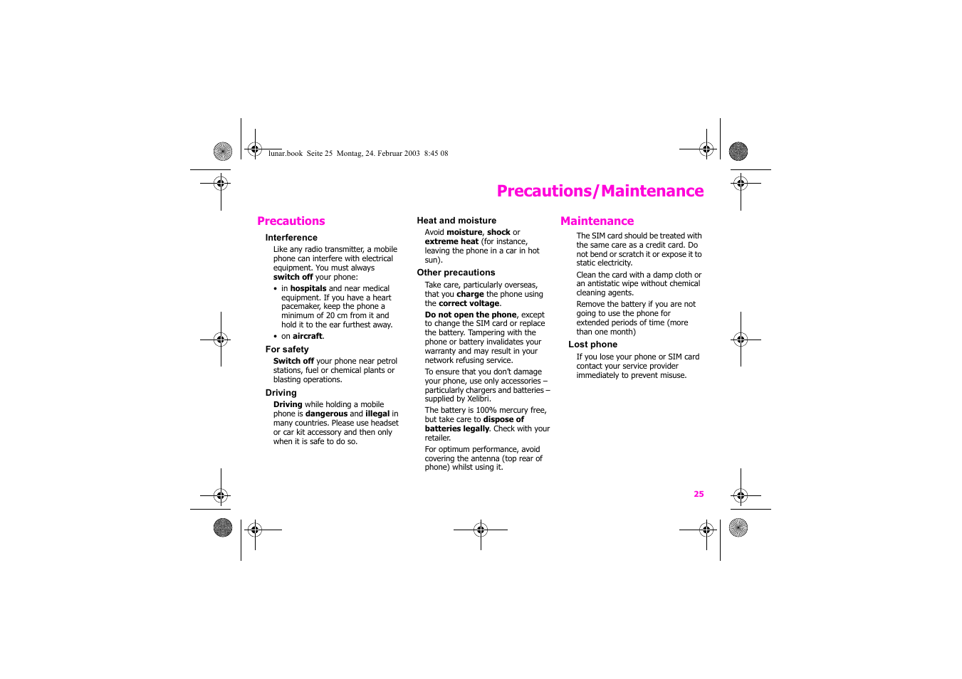 Precautions/maintenance | Siemens Xelibri 2 User Manual | Page 26 / 31