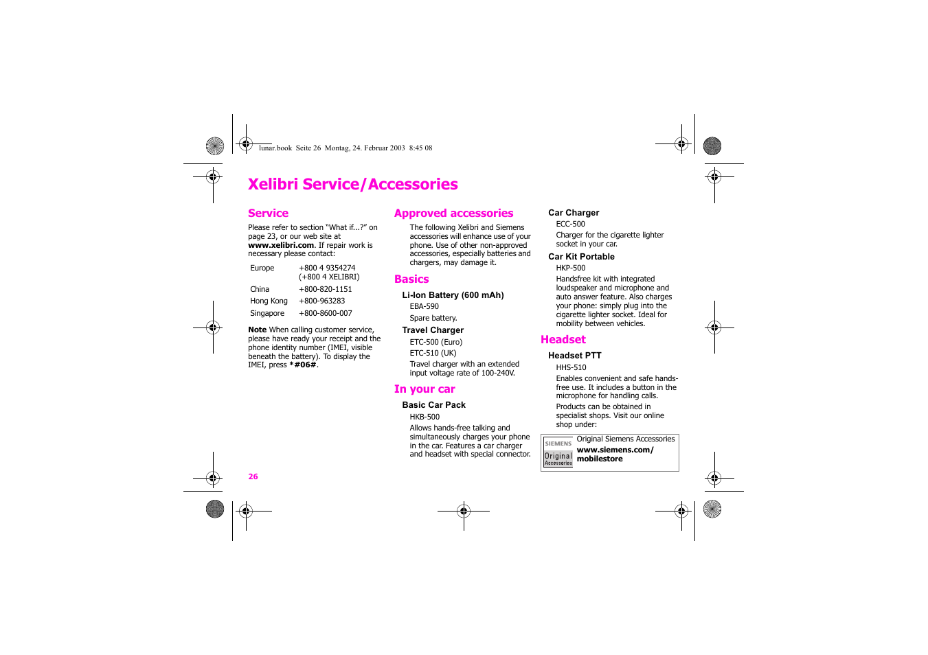 Xelibri service/accessories | Siemens Xelibri 2 User Manual | Page 27 / 31