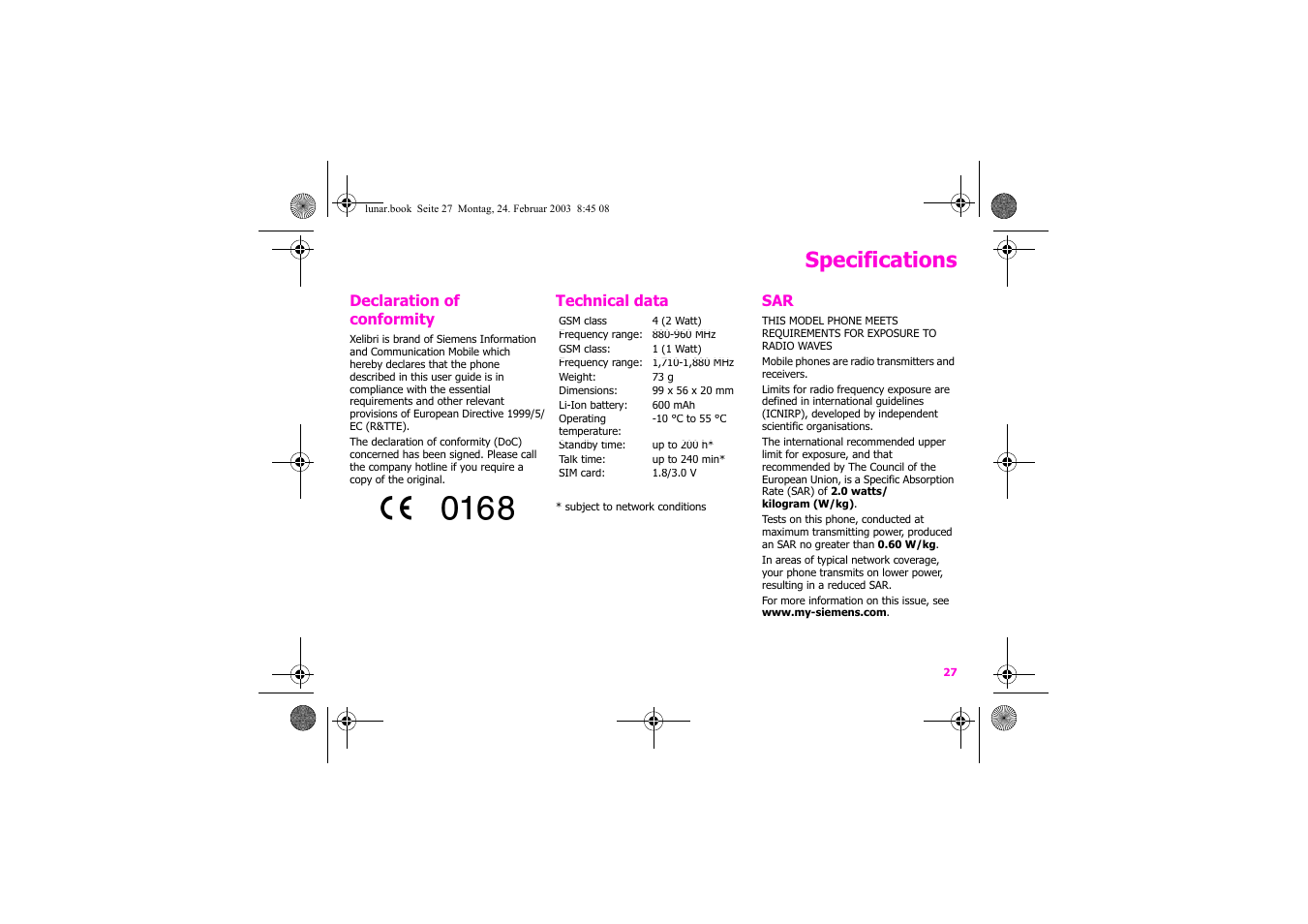 Specifications | Siemens Xelibri 2 User Manual | Page 28 / 31