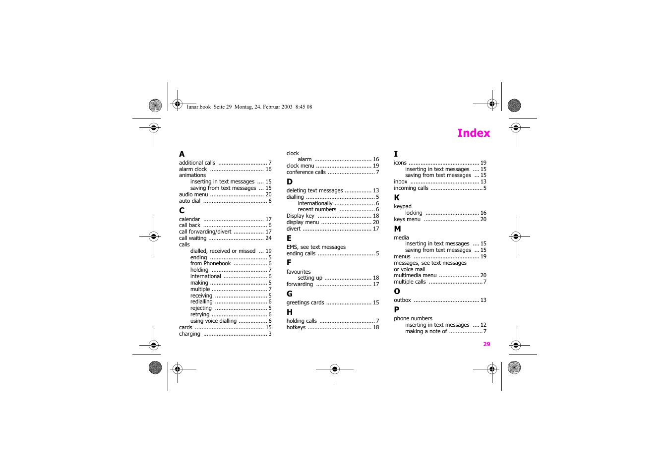 Index | Siemens Xelibri 2 User Manual | Page 30 / 31