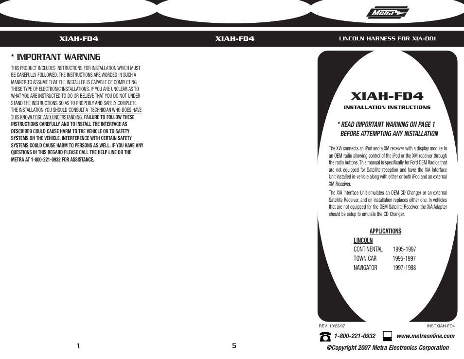 Metra Electronics XIAH-FD4 User Manual | 2 pages