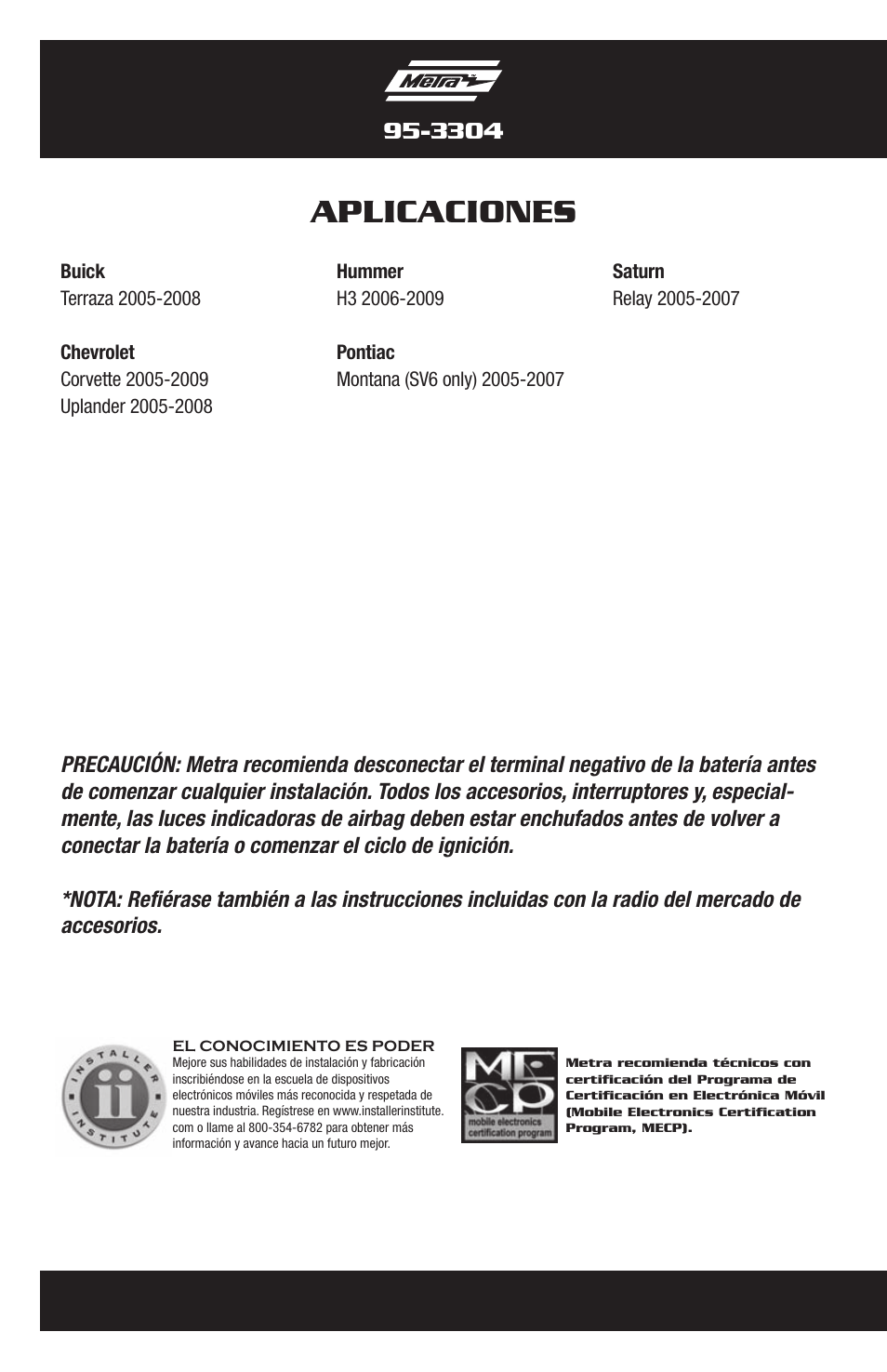 Aplicaciones | Metra Electronics 95-3304 User Manual | Page 12 / 20