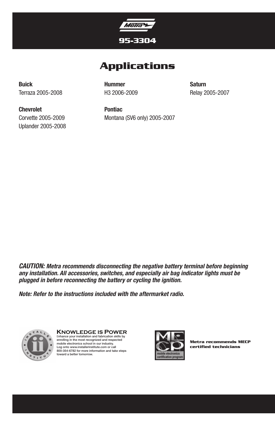 Applications, Caution | Metra Electronics 95-3304 User Manual | Page 2 / 20