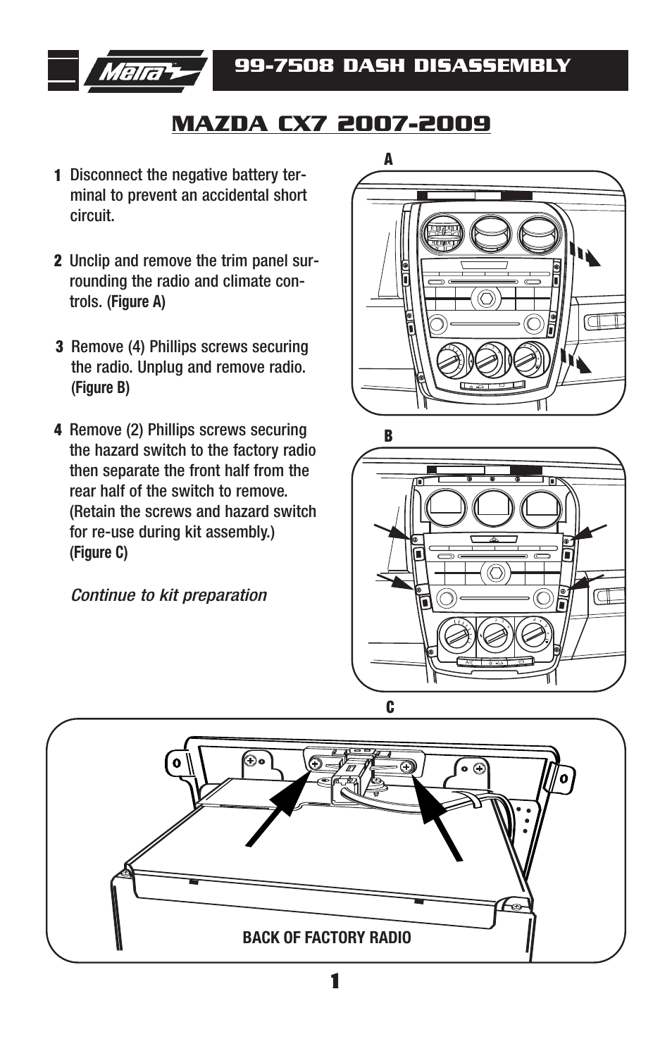7508 dash disassembly, Back of factory radio | Metra Electronics MAZDA CX7 2007-09 99-7508 User Manual | Page 3 / 12