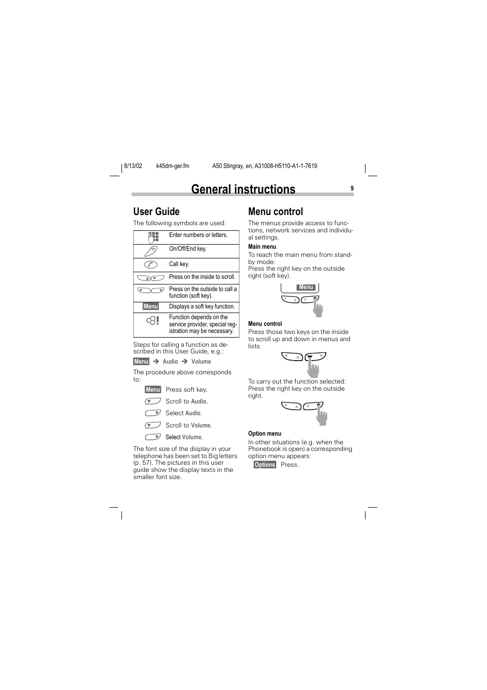 General instructions, User guide menu control, User guide | Menu control | Siemens A50 User Manual | Page 10 / 77