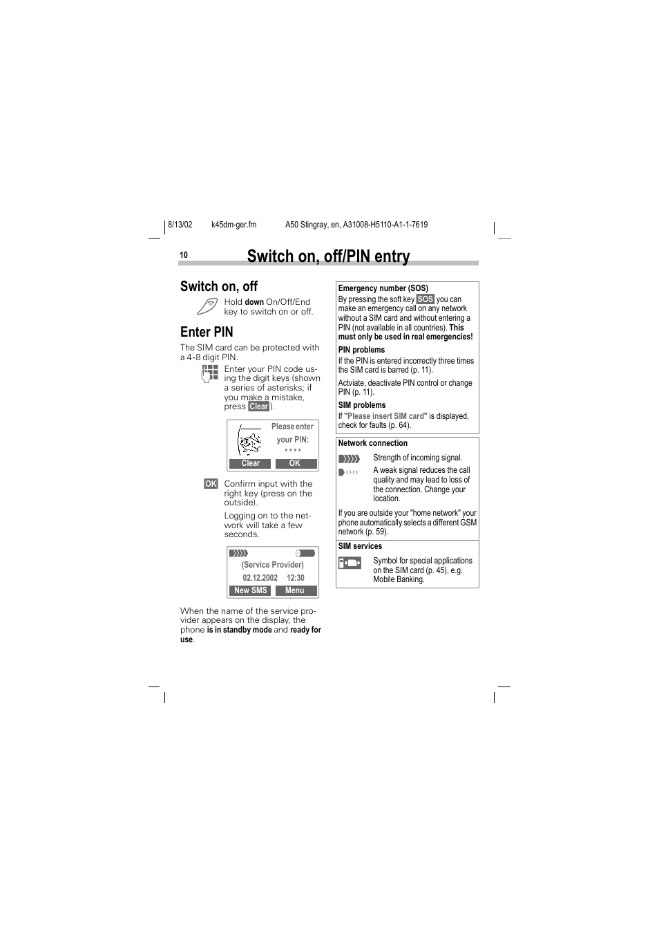 Switch on, off/pin entry, Switch on, off, Enter pin | Siemens A50 User Manual | Page 11 / 77