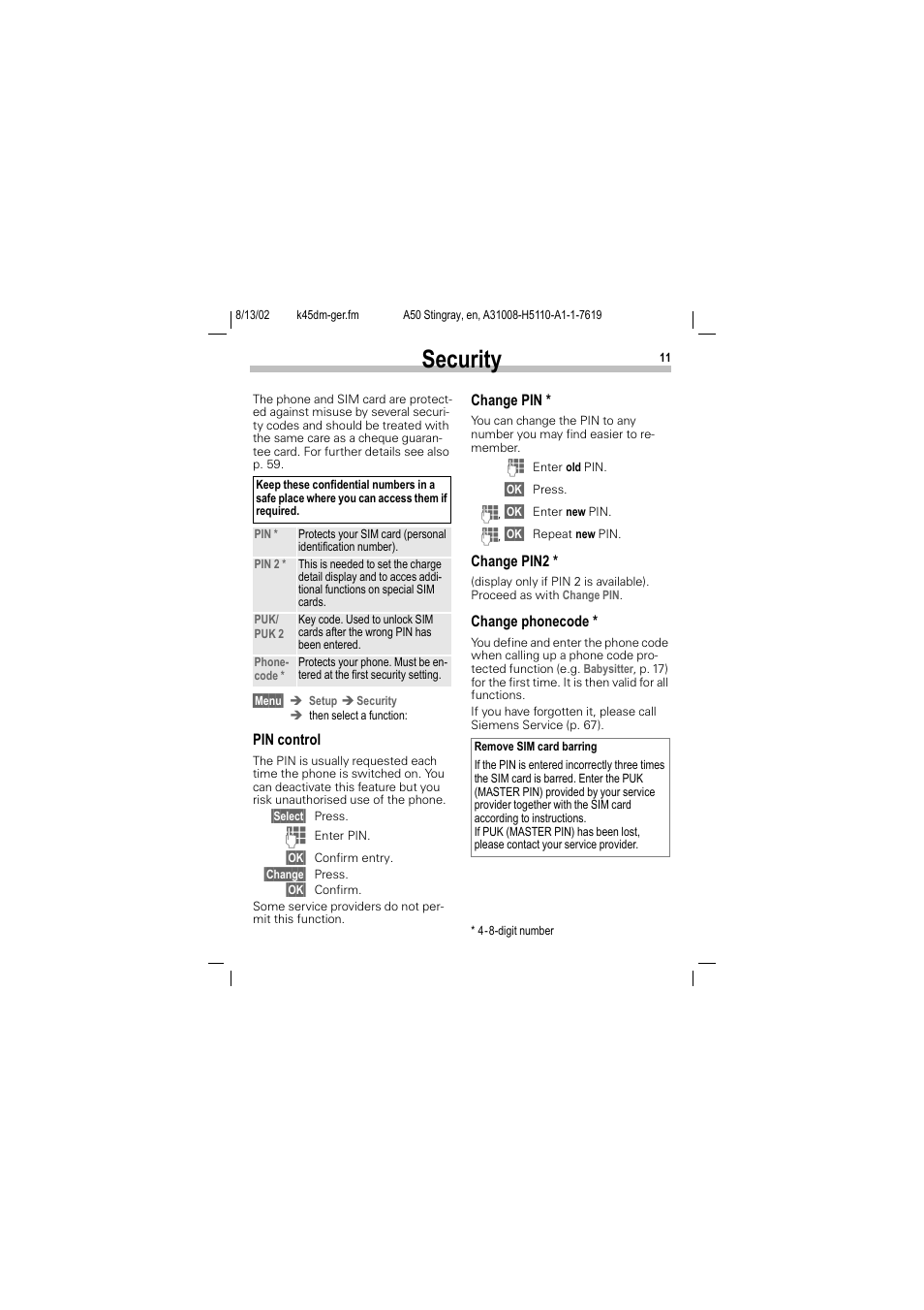 Security, D (p. 11), Pin (p. 11) | Siemens A50 User Manual | Page 12 / 77