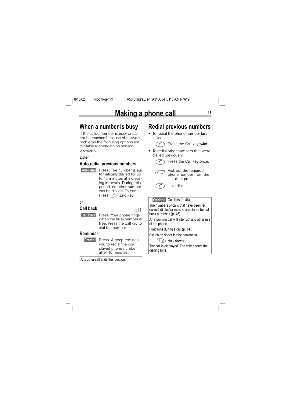 When a number is busy redial previous numbers, Making a phone call, When a number is busy | Redial previous numbers | Siemens A50 User Manual | Page 14 / 77