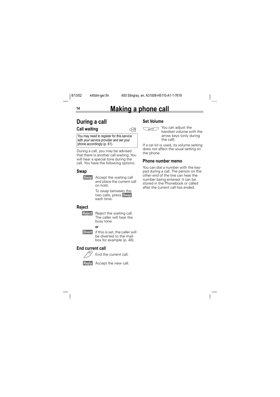 During a call, Making a phone call | Siemens A50 User Manual | Page 15 / 77