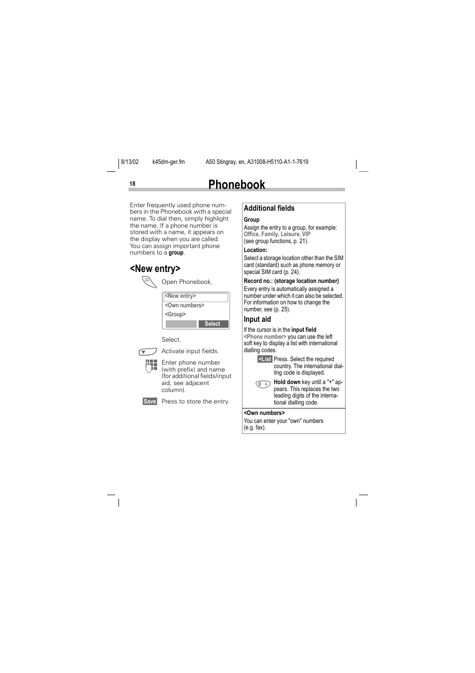 Phonebook, New entry, Ok (p. 18) | Siemens A50 User Manual | Page 19 / 77