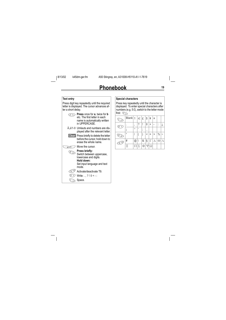 Phonebook | Siemens A50 User Manual | Page 20 / 77