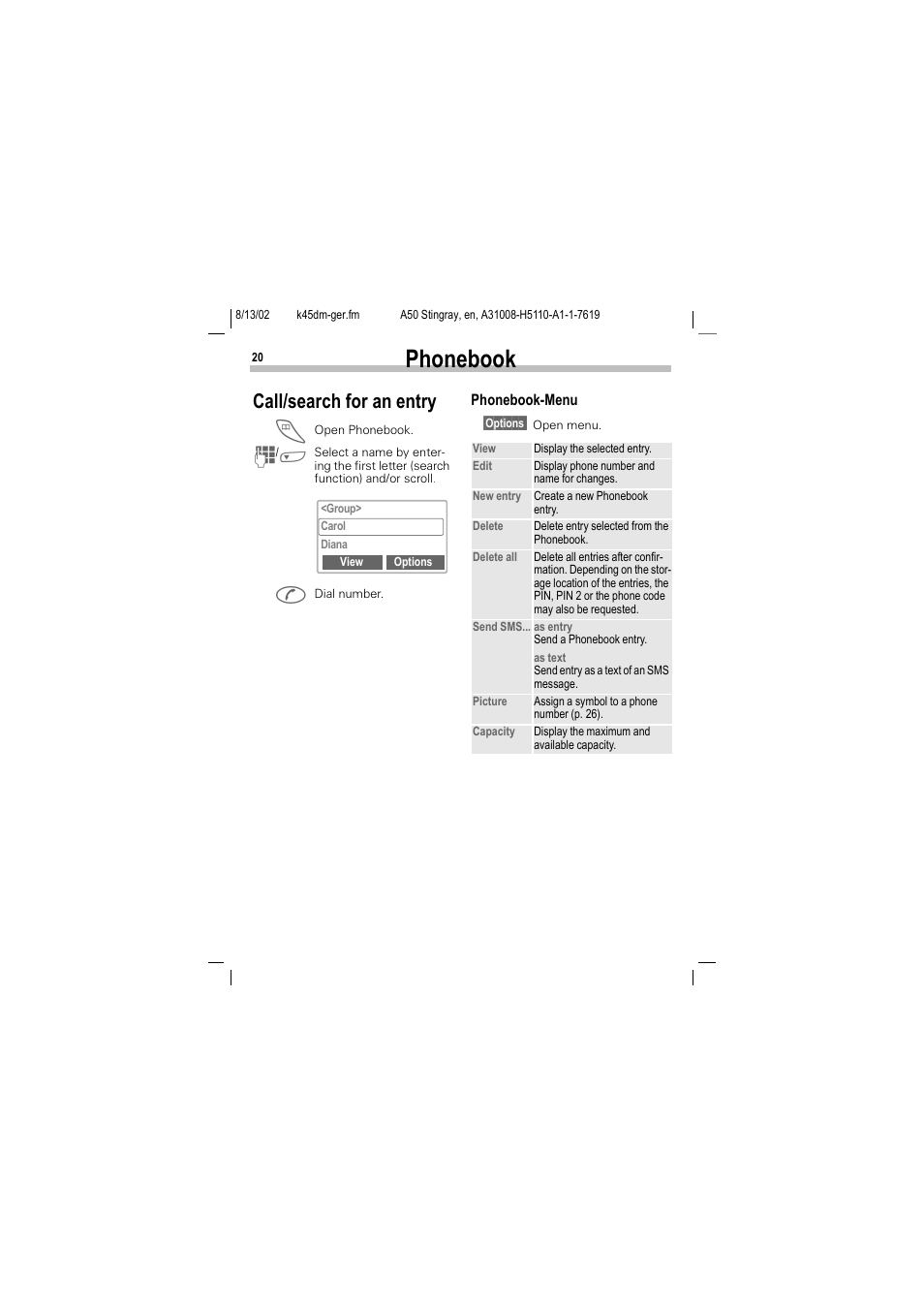 Call/search for an entry, Phonebook | Siemens A50 User Manual | Page 21 / 77