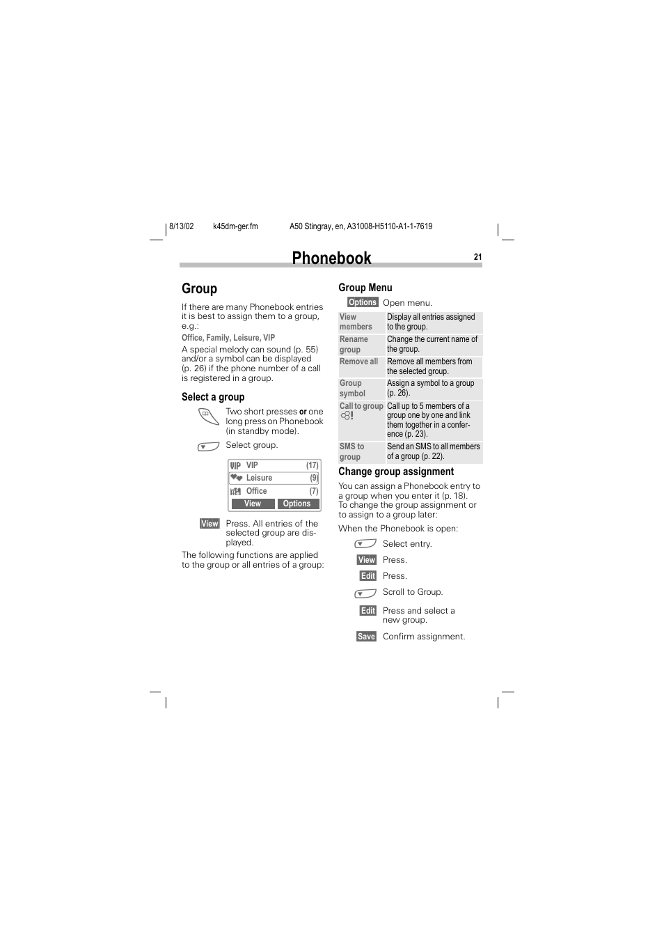 Group, Phonebook | Siemens A50 User Manual | Page 22 / 77