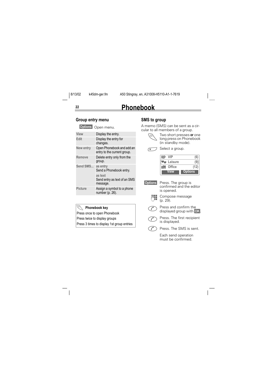 P (p. 22), Phonebook | Siemens A50 User Manual | Page 23 / 77