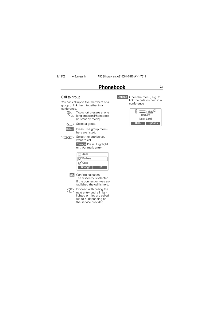 E (p. 23), Phonebook | Siemens A50 User Manual | Page 24 / 77