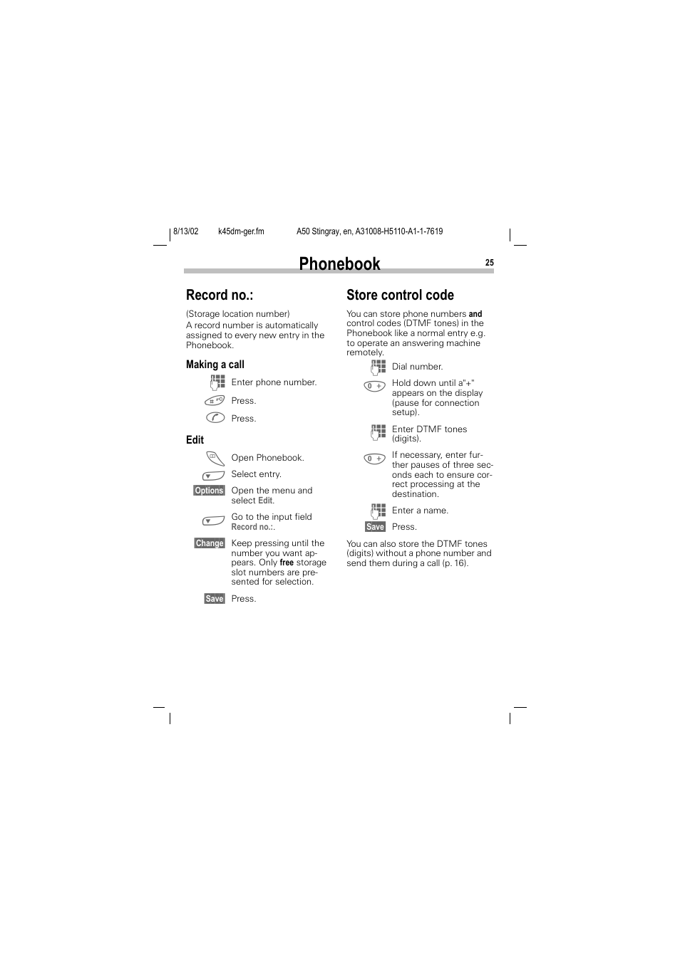 Record no, Store control code, Record no.: store control code | Phonebook | Siemens A50 User Manual | Page 26 / 77