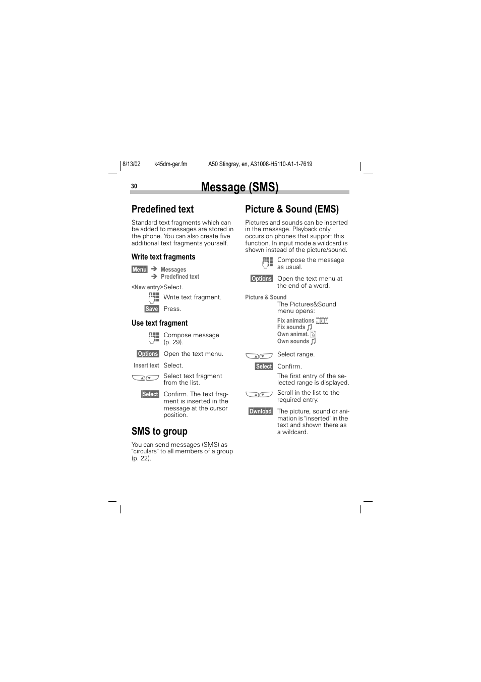 Predefined text, Sms to group, Picture & sound (ems) | Predefined text sms to group picture & sound (ems), E (p. 30), Message (sms) | Siemens A50 User Manual | Page 31 / 77