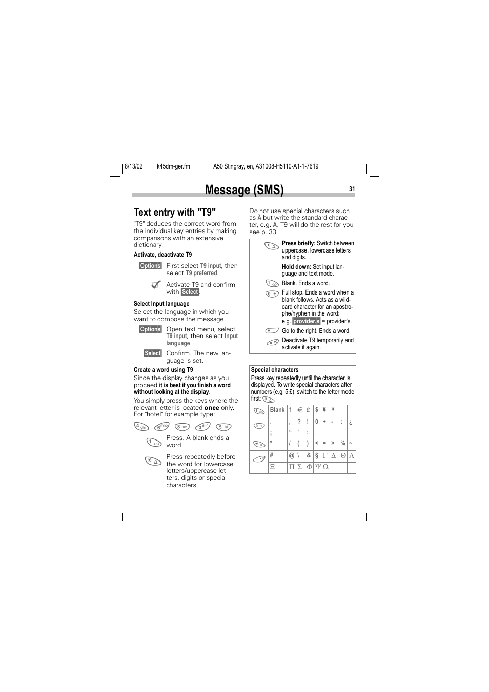 Text entry with "t9, P. 31), Kly cre | Message (sms) | Siemens A50 User Manual | Page 32 / 77