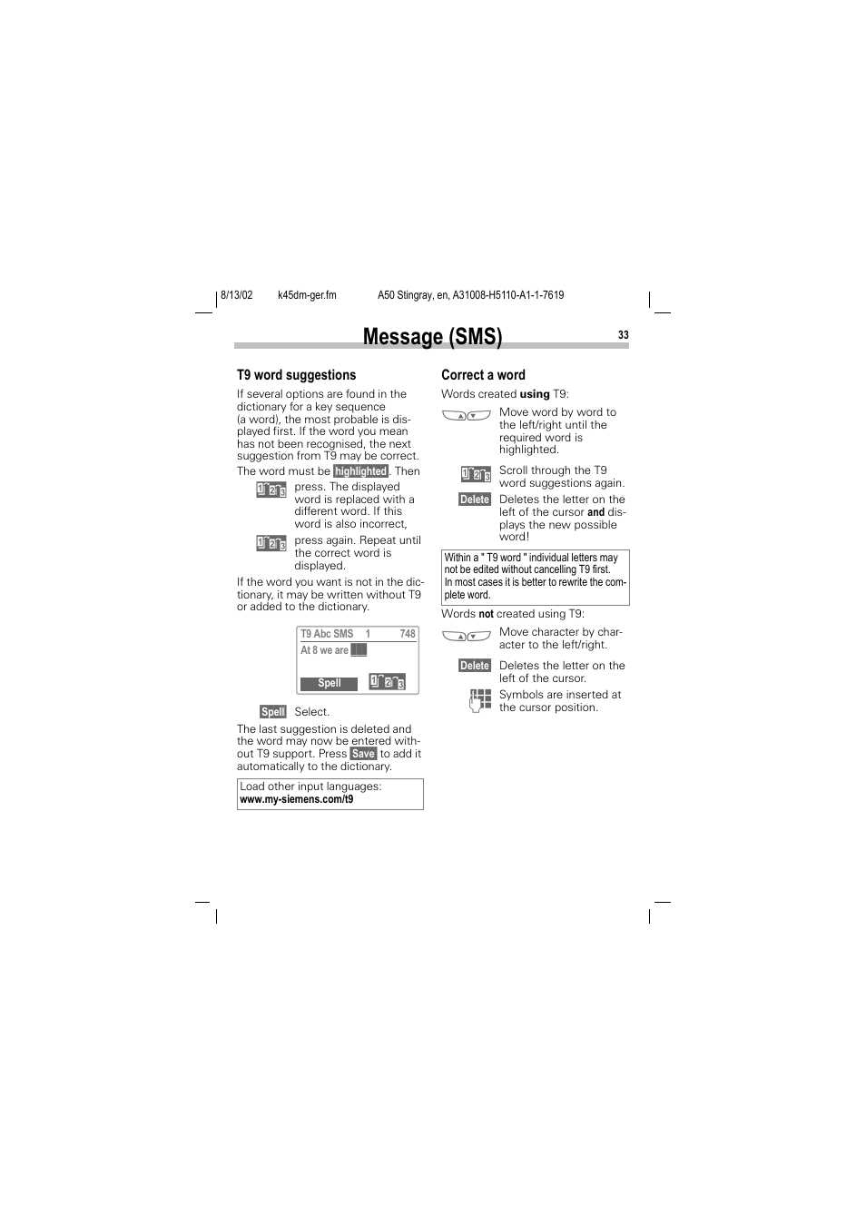 Message (sms) | Siemens A50 User Manual | Page 34 / 77