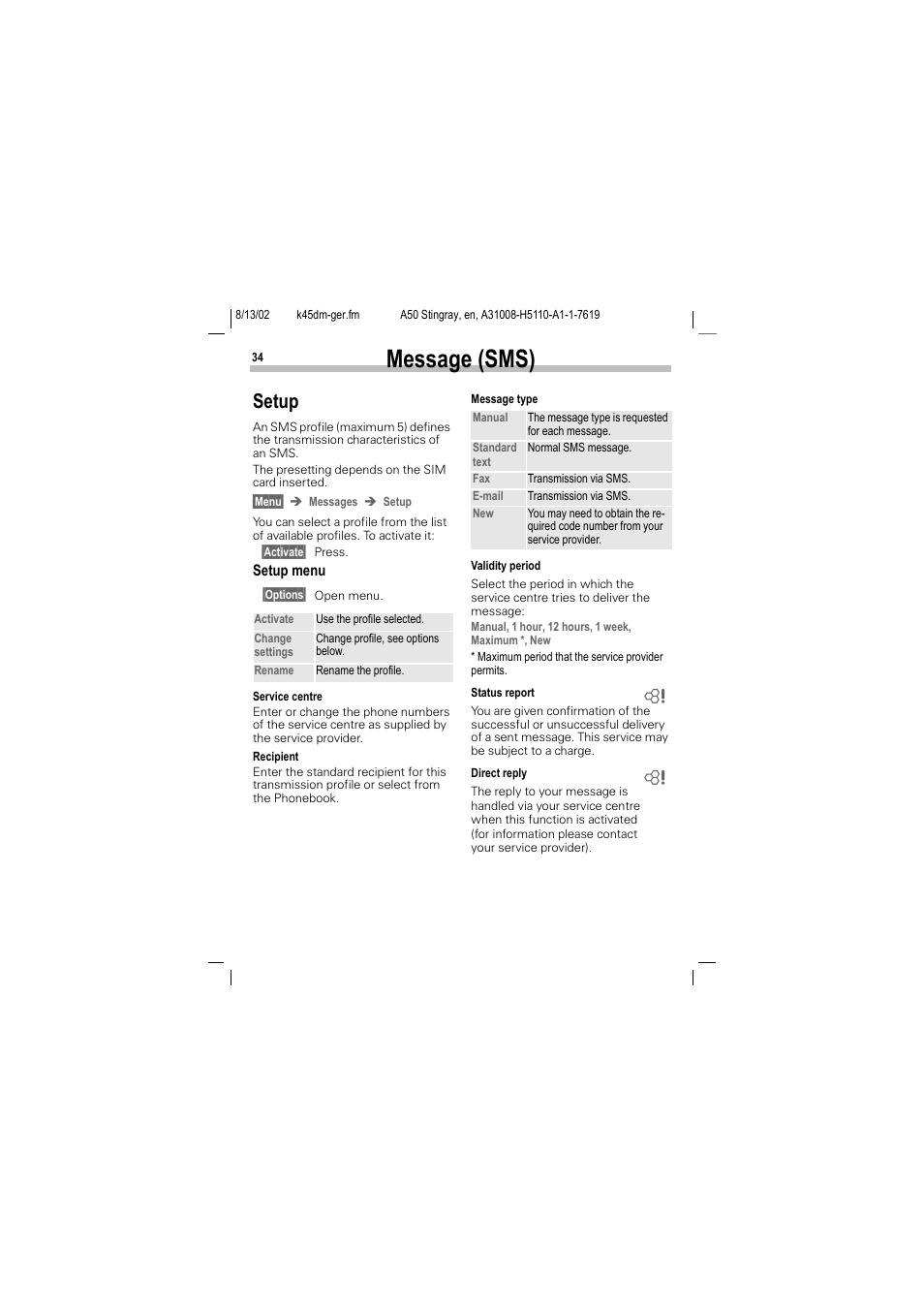 Setup, P. 34), Ee p. 34 | Message (sms) | Siemens A50 User Manual | Page 35 / 77