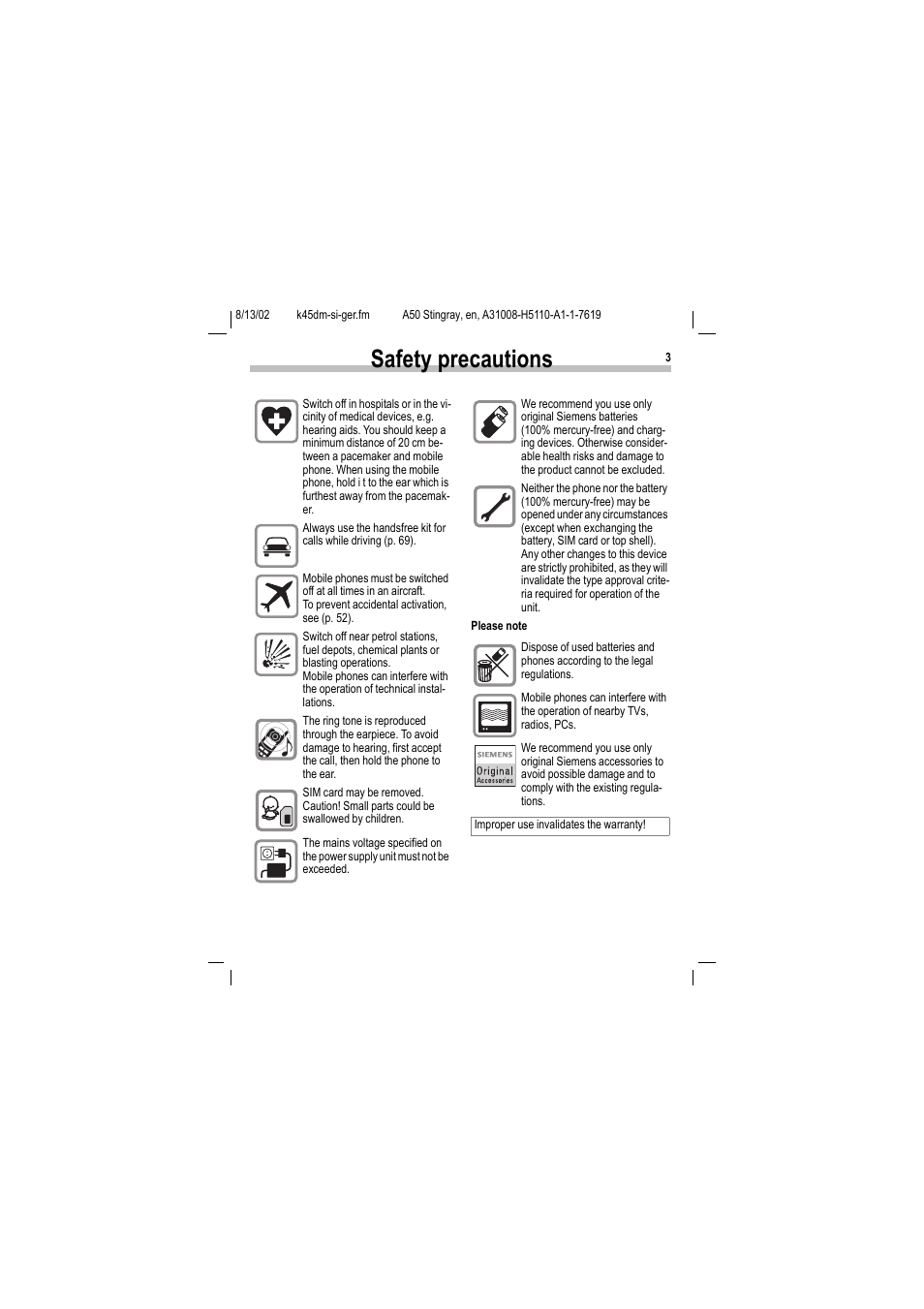 Safety precautions | Siemens A50 User Manual | Page 4 / 77