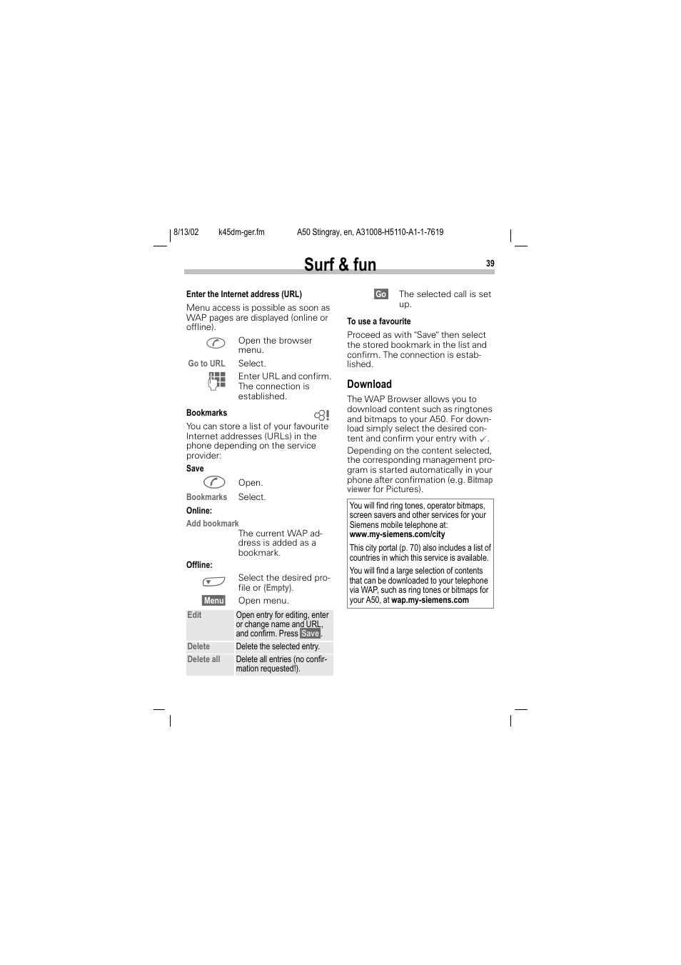 E p. 39, Surf & fun | Siemens A50 User Manual | Page 40 / 77