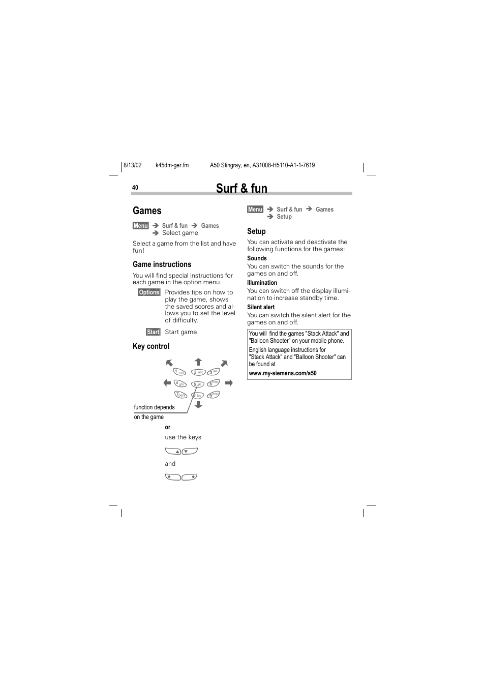 Games, Surf & fun | Siemens A50 User Manual | Page 41 / 77