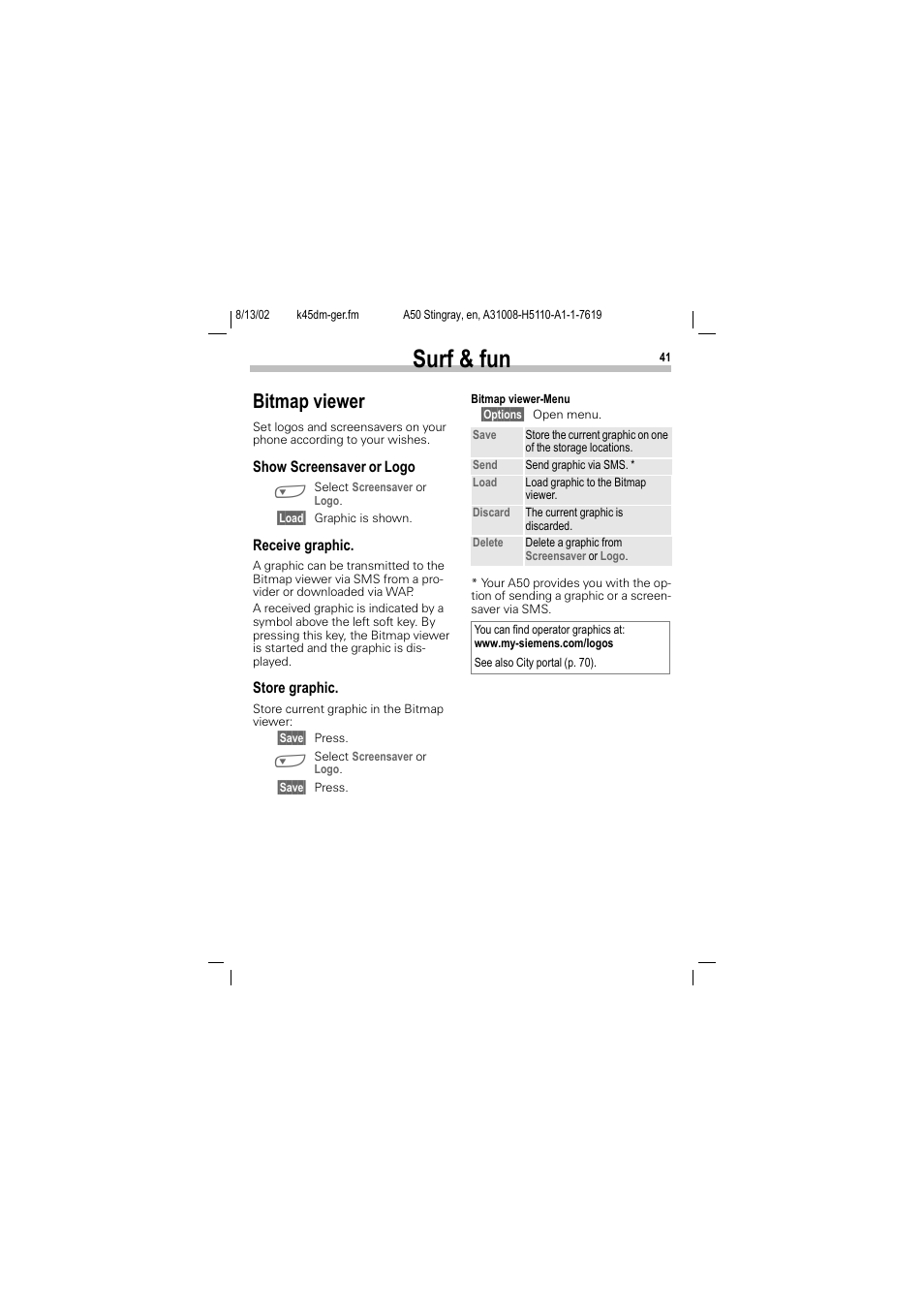 Bitmap viewer, Surf & fun | Siemens A50 User Manual | Page 42 / 77