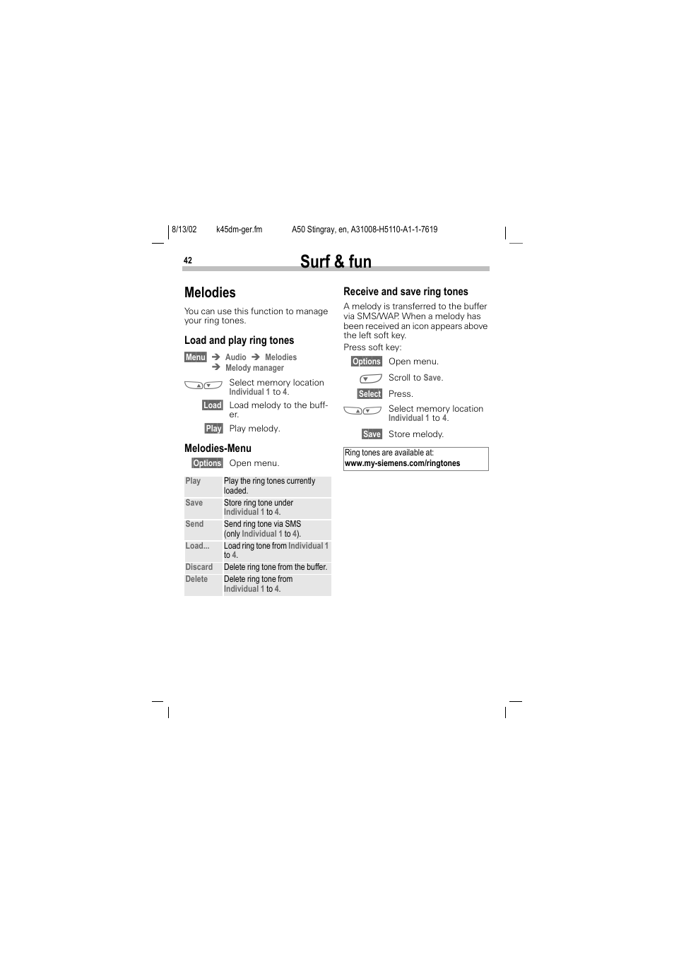 Melodies, Surf & fun | Siemens A50 User Manual | Page 43 / 77