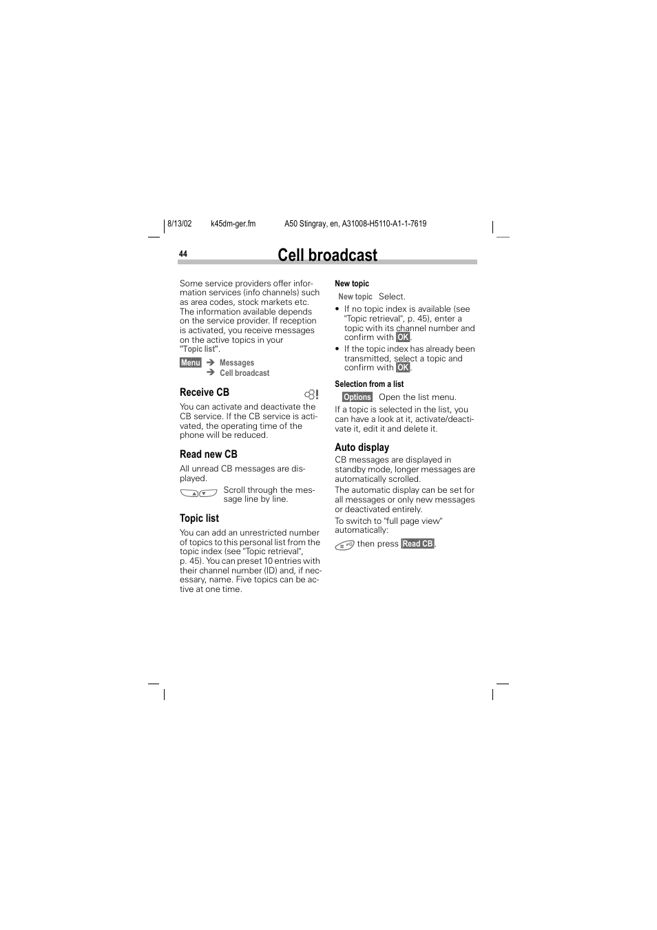 Cell broadcast | Siemens A50 User Manual | Page 45 / 77