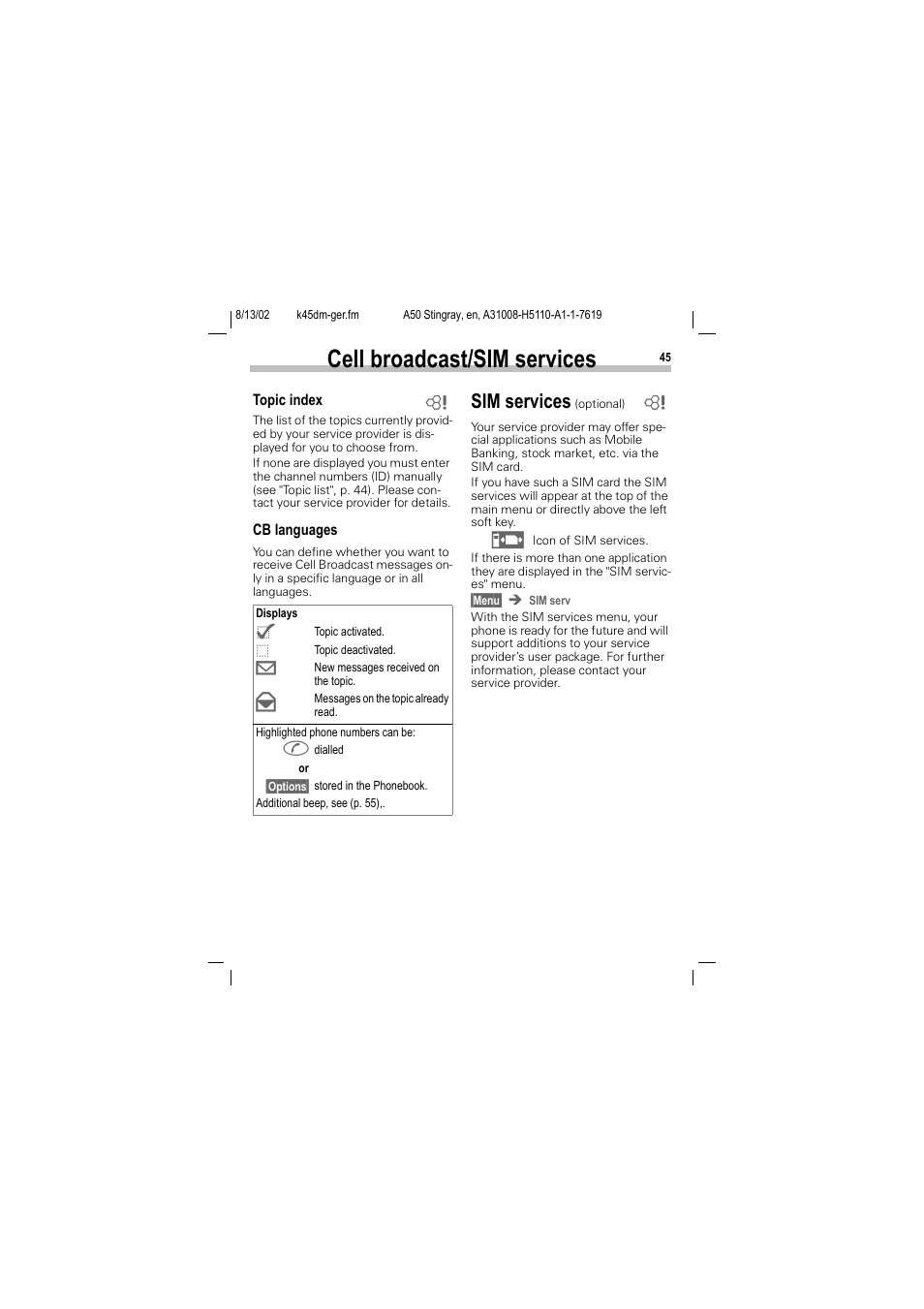 Sim services (optional), Sim services (opti, P. 45) | Cell broadcast/sim services, Sim services | Siemens A50 User Manual | Page 46 / 77