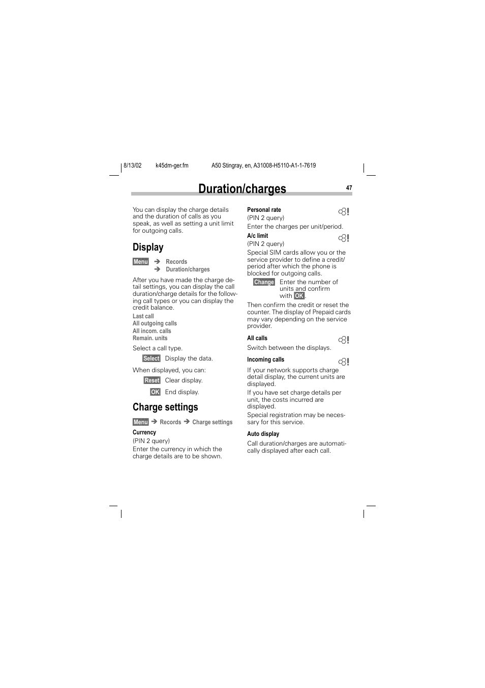 Duration/charges, Display, Display charge settings | Ee p. 47) t, P. 47), Charge settings | Siemens A50 User Manual | Page 48 / 77