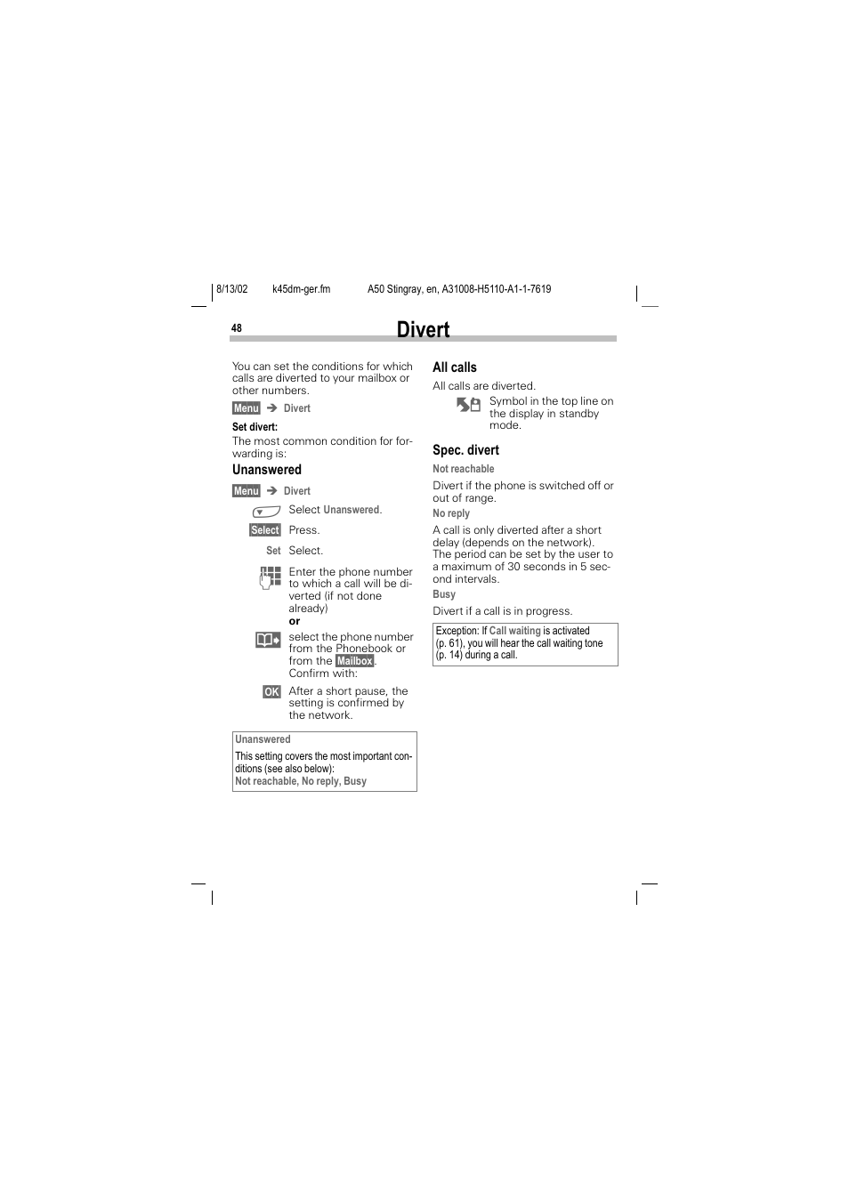 Divert | Siemens A50 User Manual | Page 49 / 77